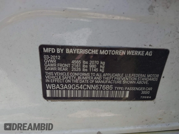 2012 BMW 3 Series 335i z VIN WBA3A9G54CNN67686, wystawiony jako IAAI lot #42106853 z przebiegiem 141 368 mil mil oraz . Historia ofert i sprzedaży dostępna na DreamBid. Obrazek 9.