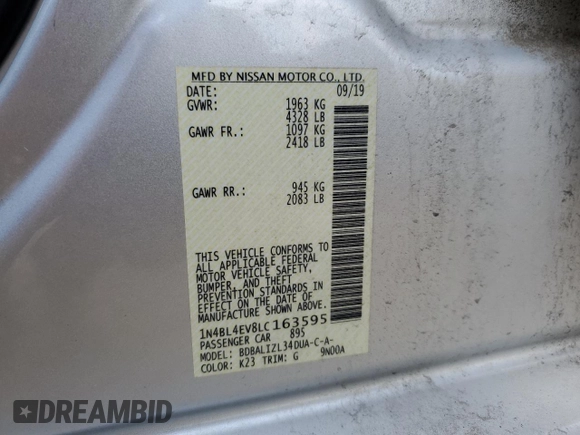 2020 Nissan Altima 2.5 SL with VIN 1N4BL4EV8LC163595, listed as a Copart auction lot 48329855 with 94,797 mi miles and Salvage Title. Bid and sale history available at carsss.com. Image 13.
