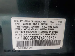 2000 Honda Accord EX z VIN 1HGCG6674YA001515, wystawiony jako Copart lot #56257935 z przebiegiem 215 030 mil mil oraz Czysty tytuł • Clean title. Historia ofert i sprzedaży dostępna na DreamBid. Obrazek 12.