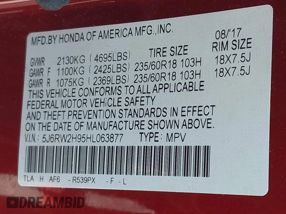 2017 Honda CR-V Touring with VIN 5J6RW2H95HL063877, listed as a IAAI auction lot 41982213 with 47,265 mi miles. Bid and sale history available at carsss.com. Image 9.