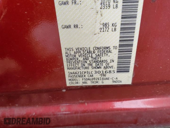 2020 Nissan LEAF SV with VIN 1N4AZ1CP3LC301685, listed as a Copart auction lot 48599765 with 35,253 mi miles and Salvage title. Bid and sale history available at DreamBid. Image 12.