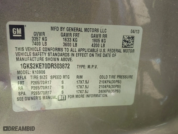 2013 GMC Yukon XL SLT with VIN 1GKS2KE70DR303872, listed as a IAAI auction lot 41659911 with 199,202 mi miles. Bid and sale history available at carsss.com. Image 9.