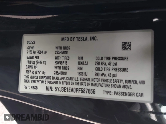 2023 Tesla Model 3 with VIN 5YJ3E1EA0PF587656, listed as a IAAI auction lot 41489586 with 12,844 mi miles and . Bid and sale history available at DreamBid. Image 9.