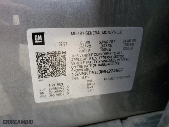 2021 Chevrolet Tahoe Z71 with VIN 1GNSKPKD3MR274667, listed as a Copart auction lot 46189715 with 81,187 mi miles and Salvage Title. Bid and sale history available at carsss.com. Image 15.