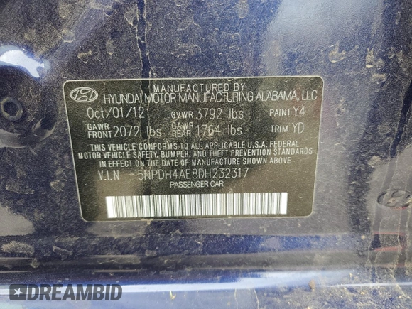 2013 Hyundai Elantra GLS z VIN 5NPDH4AE8DH232317, wystawiony jako Copart lot #58435615 z przebiegiem 116 501 mil mil oraz Tytuł czysty. Historia ofert i sprzedaży dostępna na DreamBid. Obrazek 12.