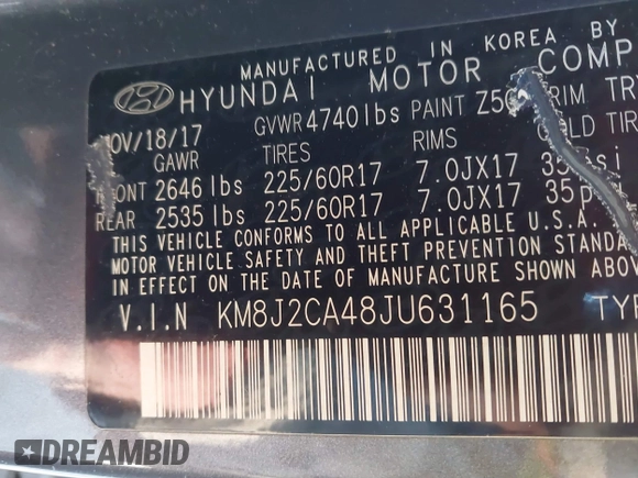 2018 Hyundai Tucson SE z VIN KM8J2CA48JU631165, wystawiony jako IAAI lot #41600722 z przebiegiem 120 021 mil mil oraz . Historia ofert i sprzedaży dostępna na DreamBid. Obrazek 9.