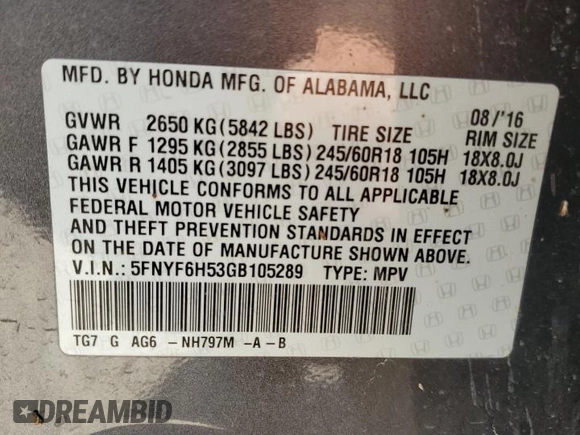 2016 Honda Pilot EX-L z VIN 5FNYF6H53GB105289, wystawiony jako Copart lot #52939575 z przebiegiem Nie podano mil oraz Szkoda całkowita • Salvage title. Historia ofert i sprzedaży dostępna na DreamBid. Obrazek 14.