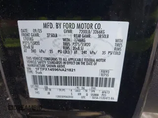 2006 Ford F-150 XLT с VIN 1FTPX14596NA21821, выставлен на аукционе IAAI как лот 42192066 с пробегом Не указан миль и . История ставок и продаж доступна на DreamBid. Изображение 9.