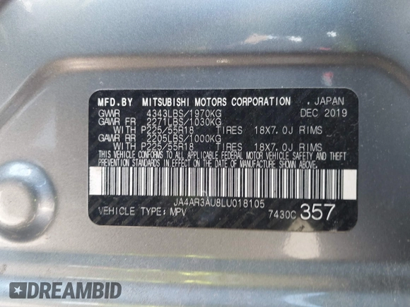 2020 Mitsubishi Outlander Sport ES 2.0 with VIN JA4AR3AU8LU018105, listed as a IAAI auction lot 41919219 with 84,057 mi miles. Bid and sale history available at carsss.com. Image 9.