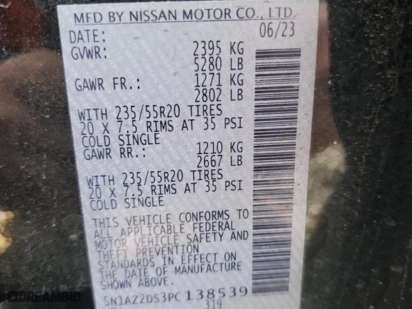 2023 Nissan Murano Platinum with VIN 5N1AZ2DS3PC138539, listed as a Copart auction lot 51133615 with 19,113 mi miles and Salvage Title. Bid and sale history available at carsss.com. Image 13.
