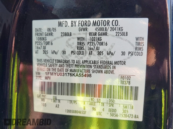 2006 Ford Escape XLT with VIN 1FMYU03176KA55498, listed as a IAAI auction lot 42499429 with 156,298 mi miles and . Bid and sale history available at DreamBid. Image 9.