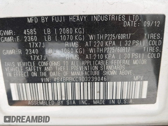 2013 Subaru Outback Limited with VIN 4S4BRBKC9D3239046, listed as a IAAI auction lot 42541862 with 157,807 mi miles and . Bid and sale history available at DreamBid. Image 9.