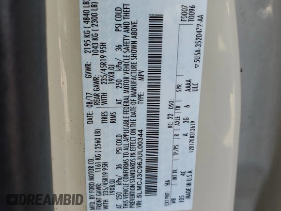 2018 Lincoln MKC Reserve with VIN 5LMCJ3C96JUL00344, listed as a Copart auction lot 88991995 with Not provided miles and Salvage title. Bid and sale history available at DreamBid. Image 15.