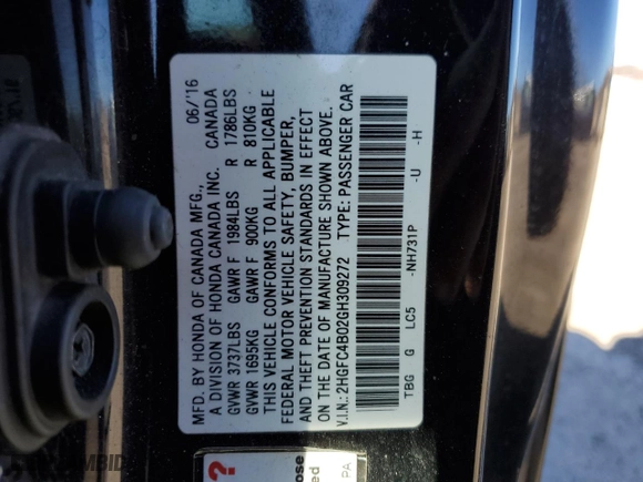 2016 Honda Civic Coupe LX-P with VIN 2HGFC4B02GH309272, listed as a Copart auction lot 48187615 with 102,967 mi miles and Salvage Title. Bid and sale history available at carsss.com. Image 12.