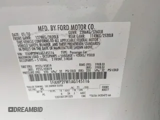 2010 Ford Taurus Limited with VIN 1FAHP2FW1AG145116, listed as a IAAI auction lot 42277358 with 146,054 mi miles and . Bid and sale history available at DreamBid. Image 9.