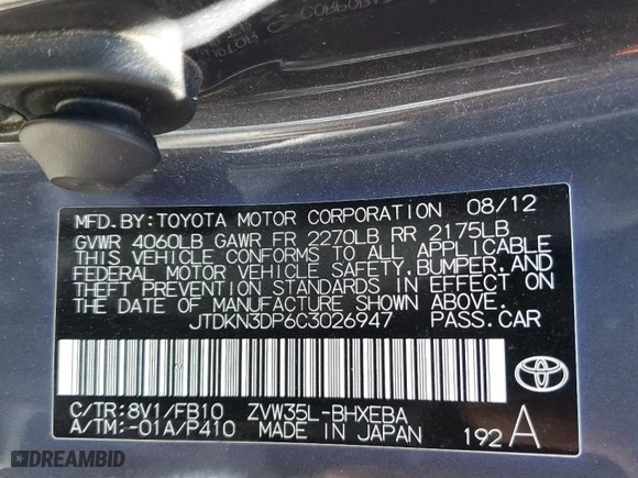 2012 Toyota Prius Plug-In with VIN JTDKN3DP6C3026947, listed as a Copart auction lot 49253945 with 284,655 mi miles and Salvage Title. Bid and sale history available at carsss.com. Image 12.