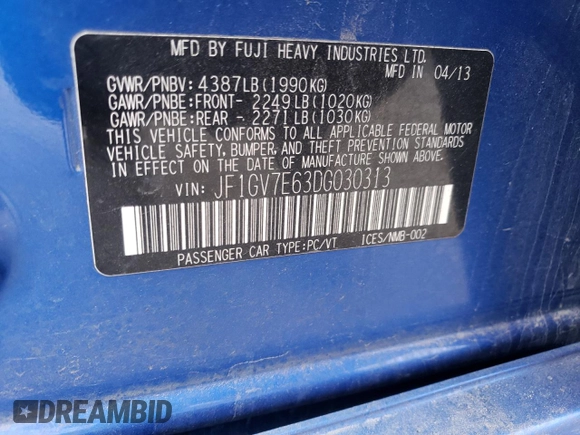 2013 Subaru Impreza Sedan WRX WRX with VIN JF1GV7E63DG030313, listed as a Copart auction lot 74708263 with 0 mi miles and Salvage Title. Bid and sale history available at carsss.com. Image 13.