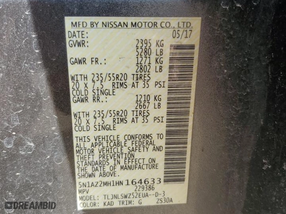 2017 Nissan Murano S with VIN 5N1AZ2MH1HN164633, listed as a Copart auction lot 48660005 with 59,684 mi miles and Salvage Title. Bid and sale history available at carsss.com. Image 13.