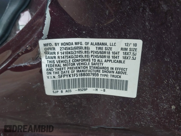2011 Honda Ridgeline RTL with VIN 5FPYK1F51BB007959, listed as a IAAI auction lot 41894350 with 186,926 mi miles. Bid and sale history available at carsss.com. Image 9.