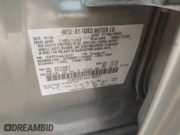 2006 Ford Five Hundred SE с VIN 1FAFP23166G182377, выставлен на аукционе IAAI как лот 42361940 с пробегом 219 462 миль миль и . История ставок и продаж доступна на DreamBid. Изображение 9.