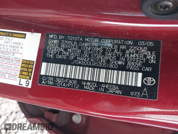 2005 Toyota Prius with VIN JTDKB20U453051802, listed as a IAAI auction lot 41831062 with 164,438 mi miles. Bid and sale history available at carsss.com. Image 9.