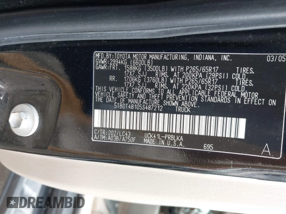 2005 Toyota Tundra Limited with VIN 5TBDT48105S487212, listed as a IAAI auction lot 42209364 with 194,883 mi miles and . Bid and sale history available at DreamBid. Image 9.