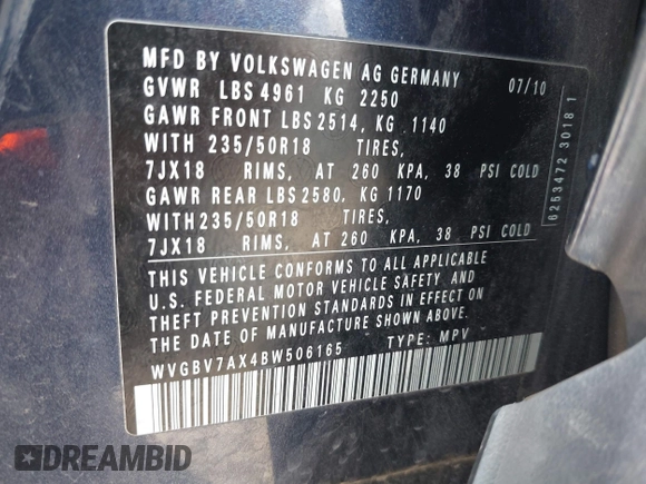 2011 Volkswagen Tiguan SEL с VIN WVGBV7AX4BW506165, выставлен на аукционе IAAI как лот 42256905 с пробегом 171 047 миль миль и . История ставок и продаж доступна на DreamBid. Изображение 9.