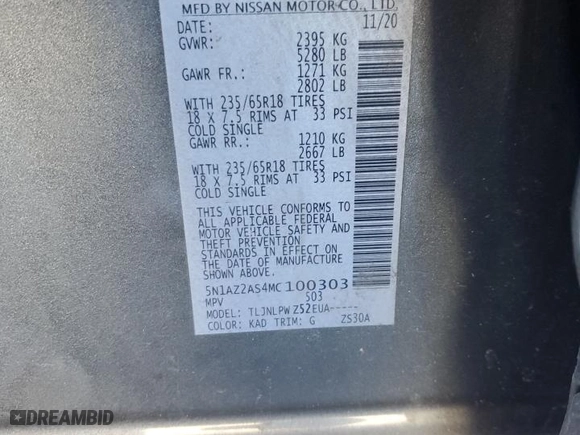 2021 Nissan Murano S with VIN 5N1AZ2AS4MC100303, listed as a Copart auction lot 80788294 with 0 mi miles and Salvage Title. Bid and sale history available at carsss.com. Image 15.