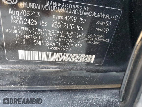 2013 Hyundai Sonata GLS with VIN 5NPEB4AC1DH790417, listed as a Copart auction lot 46342665 with 162,724 mi miles and Salvage Title. Bid and sale history available at DreamBid. Image 14.