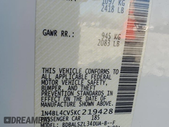 2019 Nissan Altima 2.5 SR with VIN 1N4BL4CV5KC219428, listed as a Copart auction lot 47627565 with 58,517 mi miles and Salvage Title. Bid and sale history available at carsss.com. Image 14.