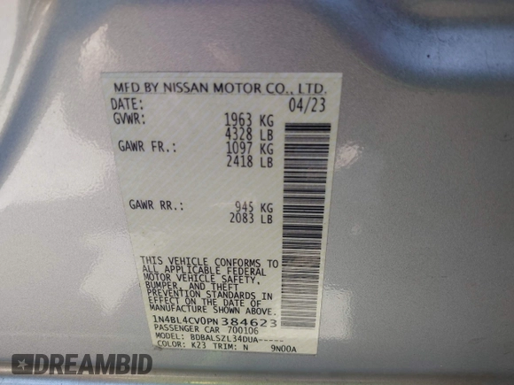 2023 Nissan Altima 2.5 SR with VIN 1N4BL4CV0PN384623, listed as a IAAI auction lot 42120365 with 50,267 mi miles. Bid and sale history available at carsss.com. Image 9.