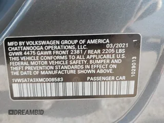 2021 Volkswagen Passat 2.0T SE with VIN 1VWSA7A3XMC008583, listed as a IAAI auction lot 41786307 with 56,446 mi miles. Bid and sale history available at carsss.com. Image 9.