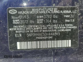 2013 Hyundai Elantra GLS with VIN 5NPDH4AE5DH444849, listed as a Copart auction lot 63580045 with 45,755 mi miles and Salvage title. Bid and sale history available at DreamBid. Image 12.