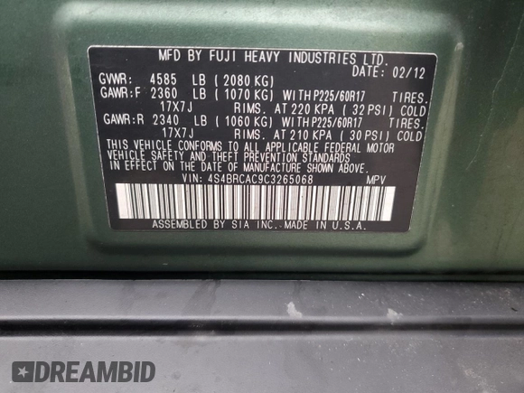 2012 Subaru Outback 2.5i z VIN 4S4BRCAC9C3265068, wystawiony jako Copart lot #43758335 z przebiegiem 167 310 mil mil oraz Szkoda całkowita • Salvage title. Historia ofert i sprzedaży dostępna na DreamBid. Obrazek 12.