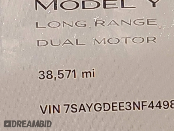 2022 Tesla Model Y Long Range with VIN 7SAYGDEE3NF449873, listed as a IAAI auction lot 41900271 with 38,571 mi miles and . Bid and sale history available at carsss.com. Image 15.