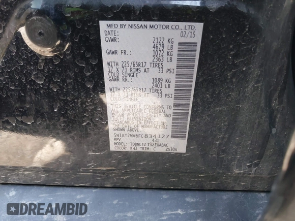 2015 Nissan Rogue SL with VIN 5N1AT2MV6FC834127, listed as a IAAI auction lot 41686500 with 156,810 mi miles and . Bid and sale history available at carsss.com. Image 9.