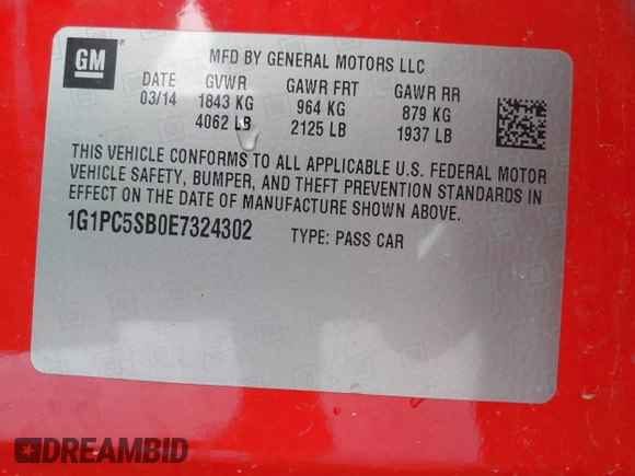 2014 Chevrolet Cruze 1LT with VIN 1G1PC5SB0E7324302, listed as a IAAI auction lot 42070523 with 125,860 mi miles and . Bid and sale history available at DreamBid. Image 9.