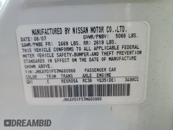 2007 Infiniti M x with VIN JNKAY01F57M460966, listed as a Copart auction lot 48557625 with 230,938 mi miles and Salvage title. Bid and sale history available at DreamBid. Image 14.