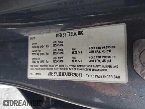 2019 Tesla Model 3 Mid Range with VIN 5YJ3E1EA3KF426971, listed as a IAAI auction lot 41564939 with Not Provided miles and . Bid and sale history available at carsss.com. Image 9.