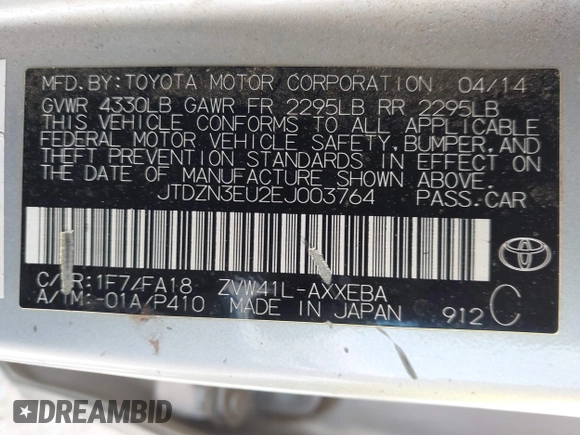 2014 Toyota Prius Two with VIN JTDZN3EU2EJ003764, listed as a IAAI auction lot 42018435 with 266,251 mi miles and . Bid and sale history available at DreamBid. Image 9.