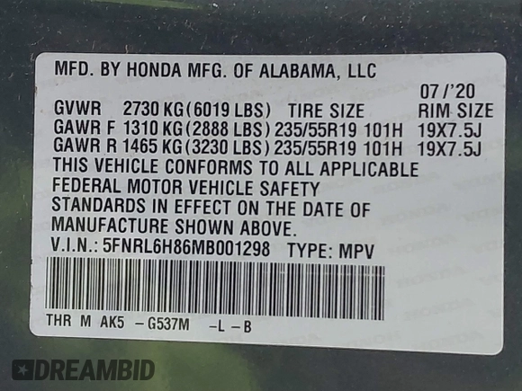 2021 Honda Odyssey Touring with VIN 5FNRL6H86MB001298, listed as a IAAI auction lot 41721738 with 85,680 mi miles. Bid and sale history available at carsss.com. Image 9.
