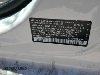 2012 Volkswagen Passat SE with VIN 1VWBP7A37CC100201, listed as a Copart auction lot 72813234 with Not provided miles and Salvage title. Bid and sale history available at DreamBid. Image 12.