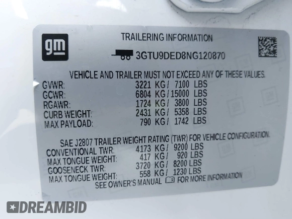2022 GMC Sierra 1500 SLT with VIN 3GTU9DED8NG120870, listed as a IAAI auction lot 41680299 with 20,467 mi miles and . Bid and sale history available at DreamBid. Image 9.