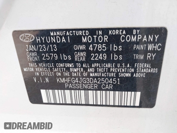 2013 Hyundai Azera with VIN KMHFG4JG3DA250451, listed as a IAAI auction lot 41682203 with 132,229 mi miles and . Bid and sale history available at DreamBid. Image 9.