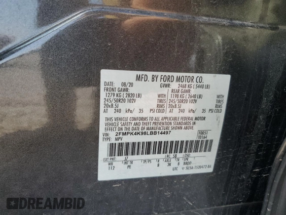 2020 Ford Edge Titanium with VIN 2FMPK4K98LBB14497, listed as a Copart auction lot 56352365 with 50,865 mi miles and Salvage title. Bid and sale history available at DreamBid. Image 13.