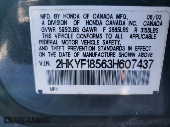 2003 Honda Pilot EX z VIN 2HKYF18563H607437, wystawiony jako Copart lot #46503435 z przebiegiem 107 286 mil mil oraz Szkoda całkowita • Salvage title. Historia ofert i sprzedaży dostępna na DreamBid. Obrazek 14.