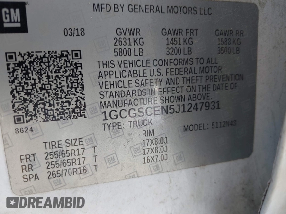 2018 Chevrolet Colorado 2WD LT with VIN 1GCGSCEN5J1247931, listed as a IAAI auction lot 42065218 with 206,535 mi miles and . Bid and sale history available at DreamBid. Image 9.