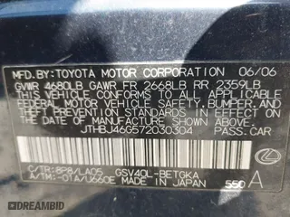2007 Lexus ES 350 with VIN JTHBJ46G572030304, listed as a IAAI auction lot 42035407 with 226,022 mi miles. Bid and sale history available at carsss.com. Image 9.