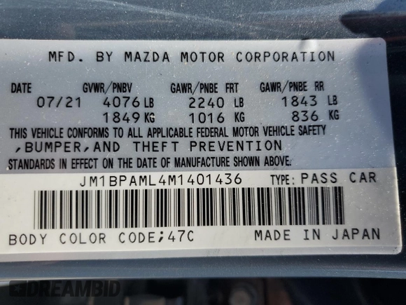 2021 Mazda 3 Premium with VIN JM1BPAML4M1401436, listed as a Copart auction lot 52317505 with 72,680 mi miles and Salvage Title. Bid and sale history available at DreamBid. Image 13.