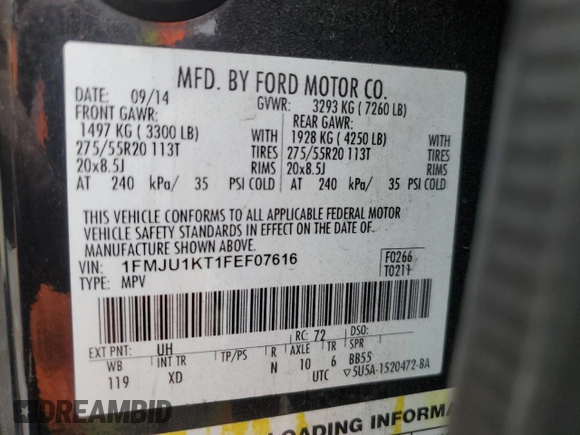 2015 Ford Expedition Limited with VIN 1FMJU1KT1FEF07616, listed as a Copart auction lot 54782435 with 110,542 mi miles and Clean title. Bid and sale history available at DreamBid. Image 14.